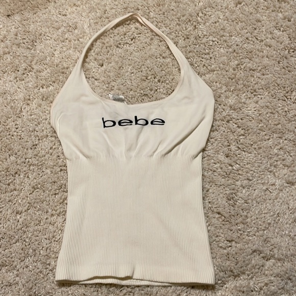 Bebe halter top off white black medium large stretchy nylon like new - Picture 2 of 3